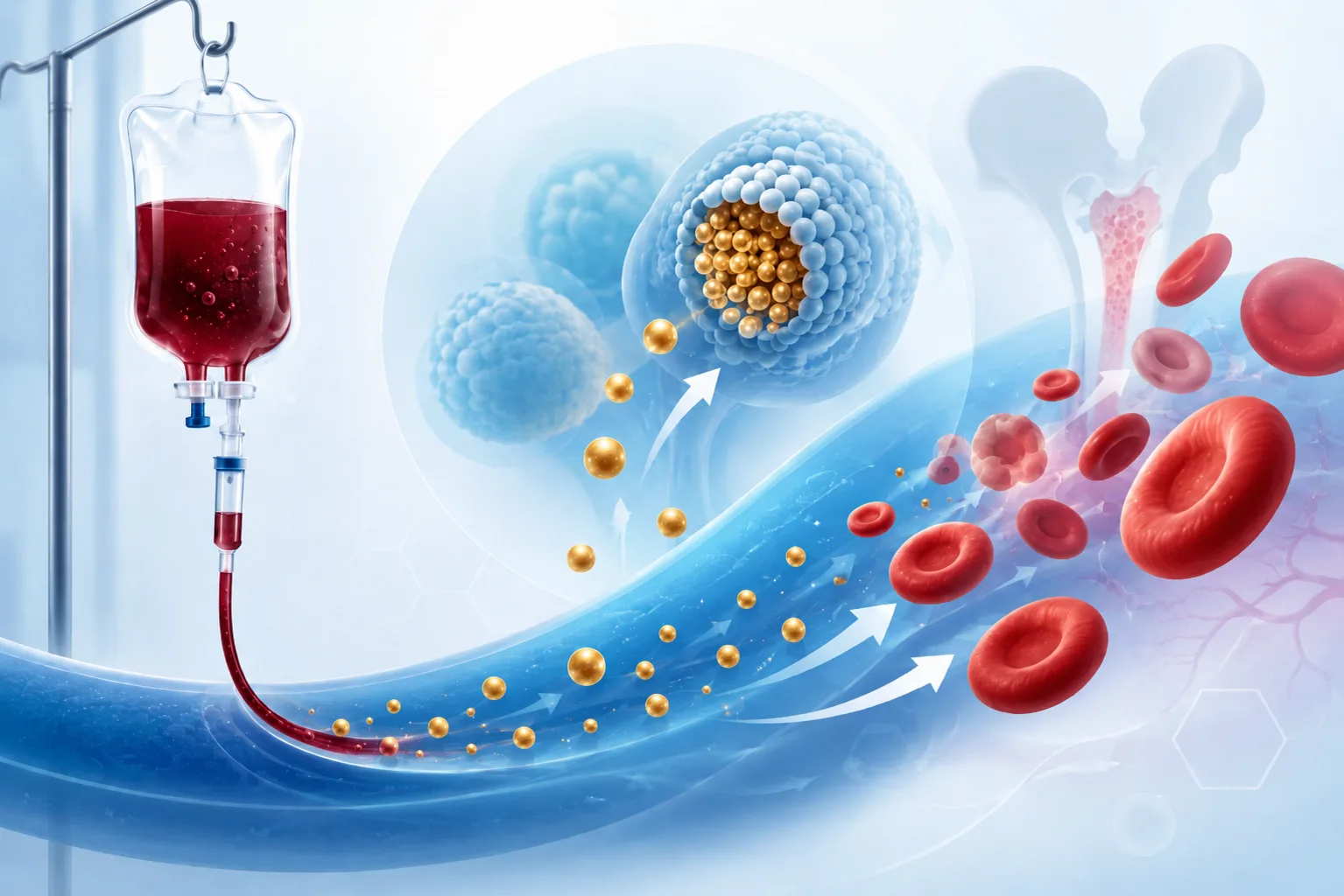 Illustration of IV iron moving through the bloodstream to support red blood cell production.