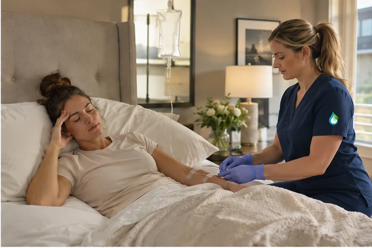 Mobile hangover IV therapy visit in a comfortable hotel setting in Birmingham, MI