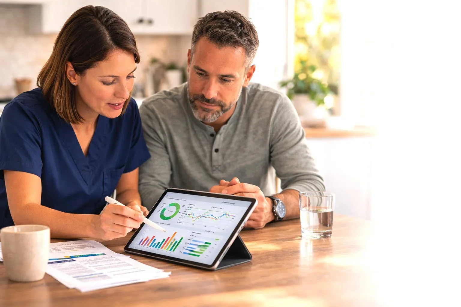 Licensed nurse reviewing metabolic health lab testing with a client at home.