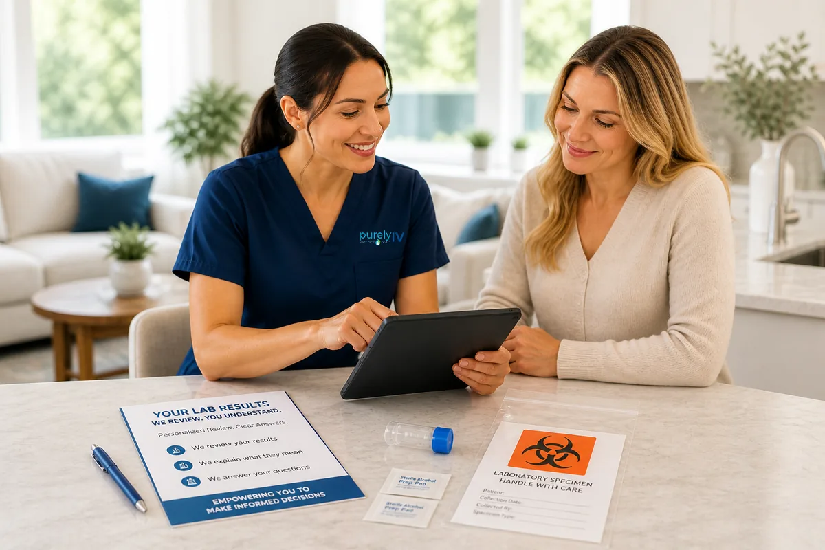 Licensed nurse preparing an at-home blood draw for an iron panel.