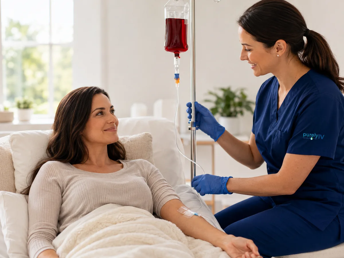 Licensed nurse supporting an at-home iron infusion visit in Birmingham, MI