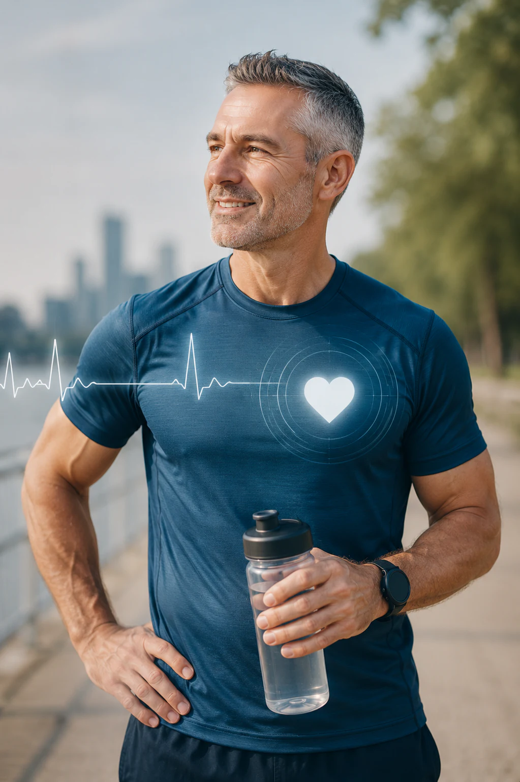Athletic man in his 50s outdoors with a subtle heart health graphic representing PlaqueX® IV Treatment