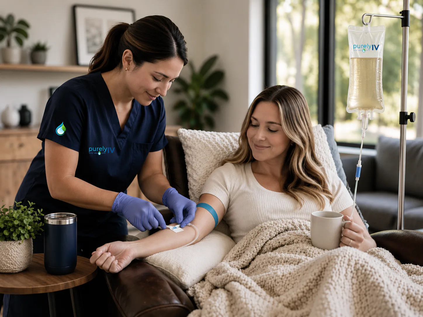 Nurse preparing a one-liter IV infusion for a client at home