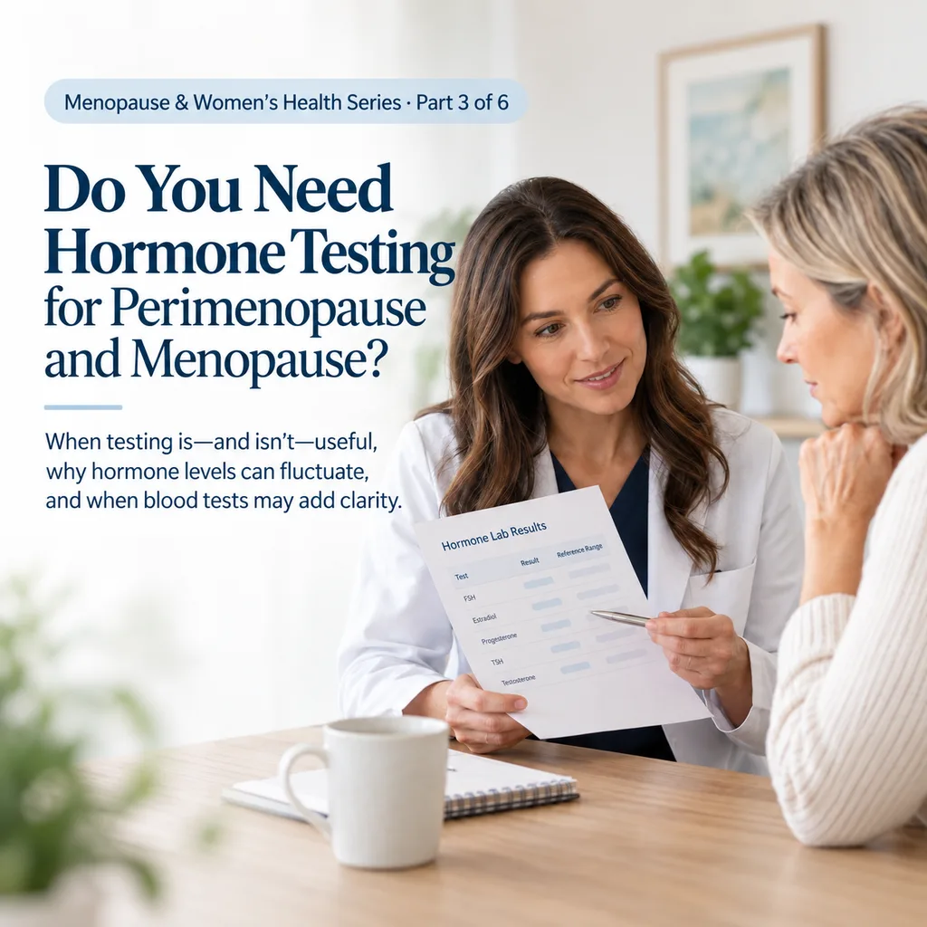 Clinician reviewing hormone lab results with a woman during a menopause consultation