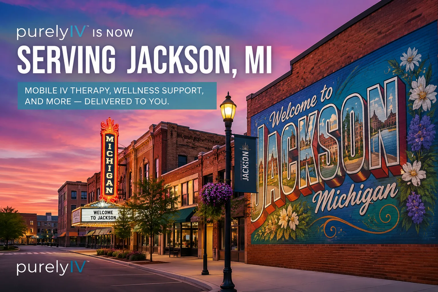 Stylized downtown Jackson, MI artwork announcing purelyIV mobile IV therapy service