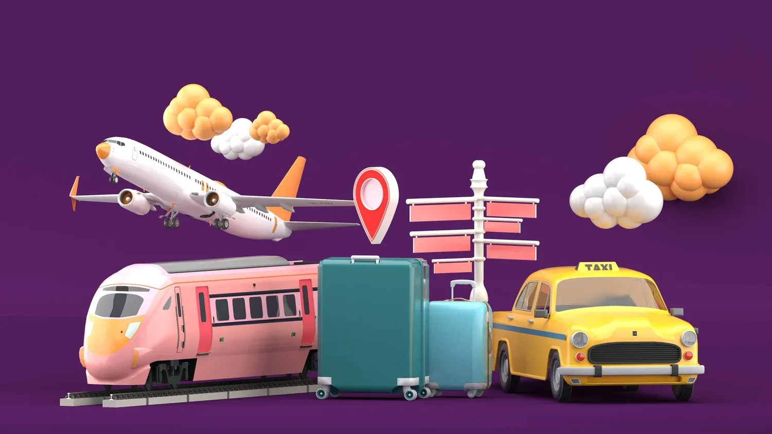 Illustration of a plane, train, taxi, and luggage for travel wellness planning