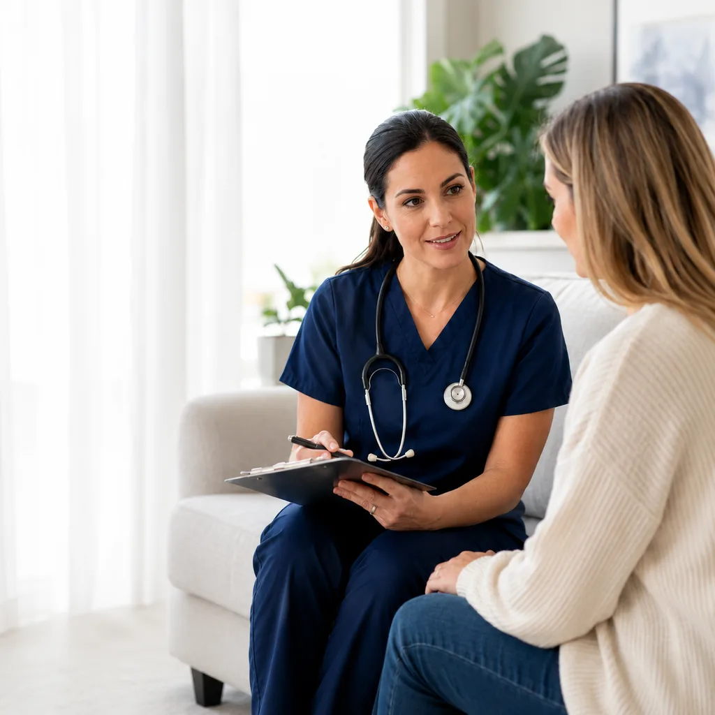 Nurse practitioner discussing IV therapy options with a client during an in-home consultation.
