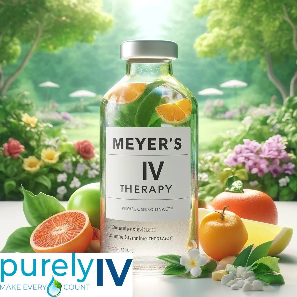 Illustrated Myers Cocktail IV Therapy bottle with fruit and flowers.