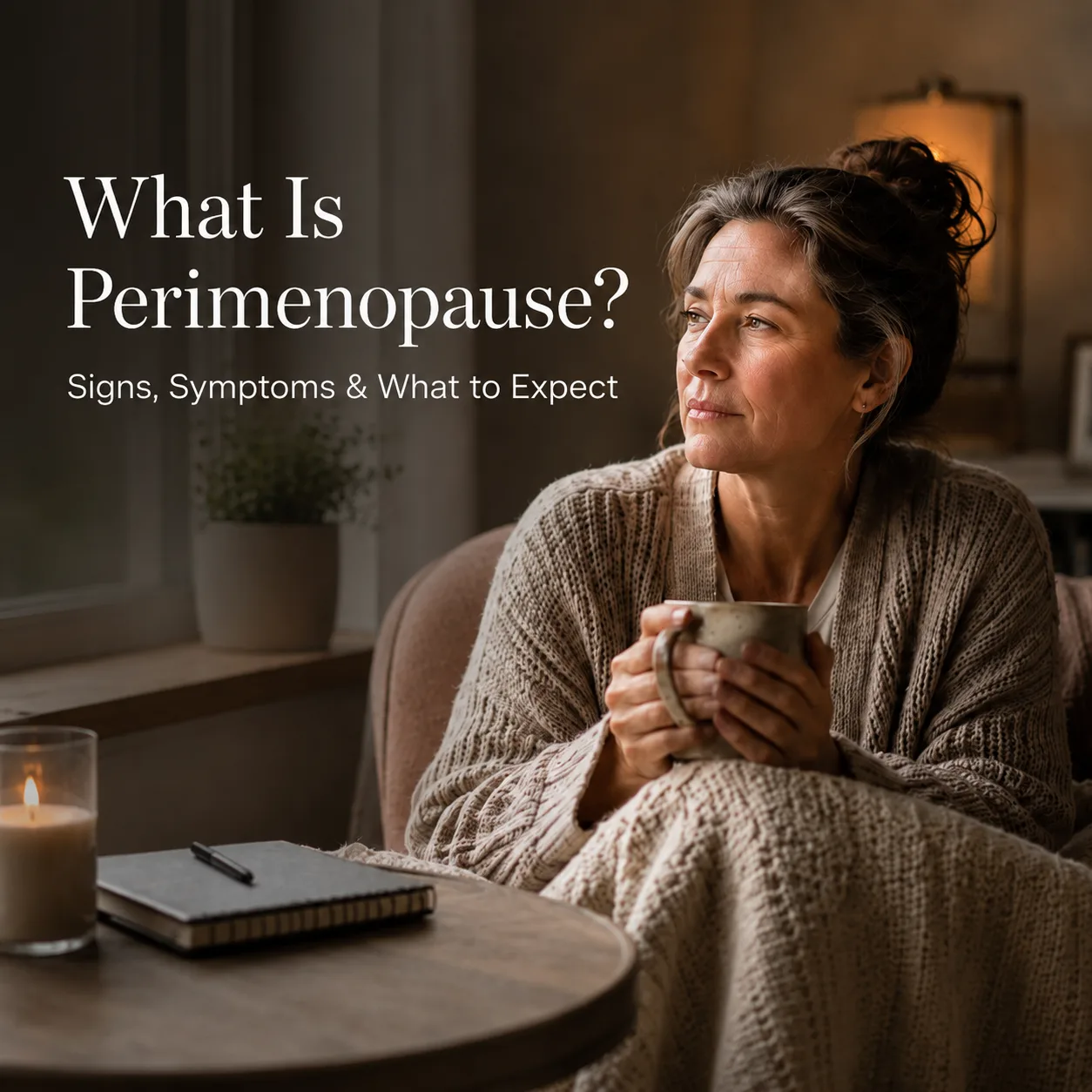 Woman reflecting by a window while learning about perimenopause symptoms and changes