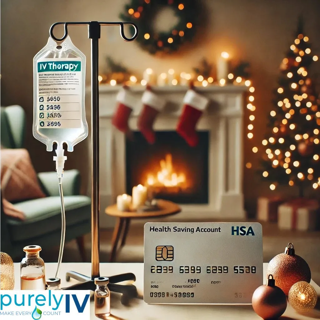 Holiday IV therapy illustration with an HSA card and IV bag.