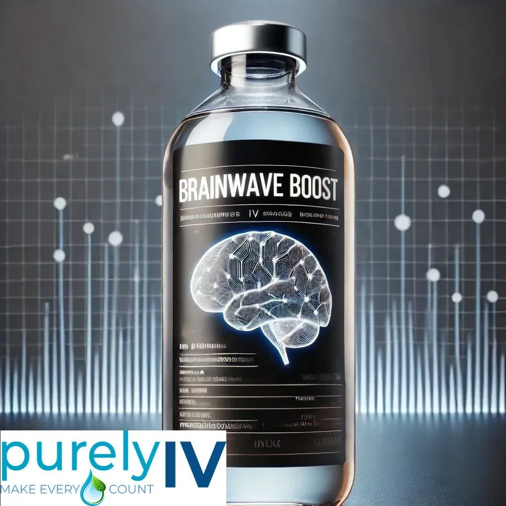 Brainwave Boost IV Therapy announcement artwork with a treatment vial and purelyIV logo