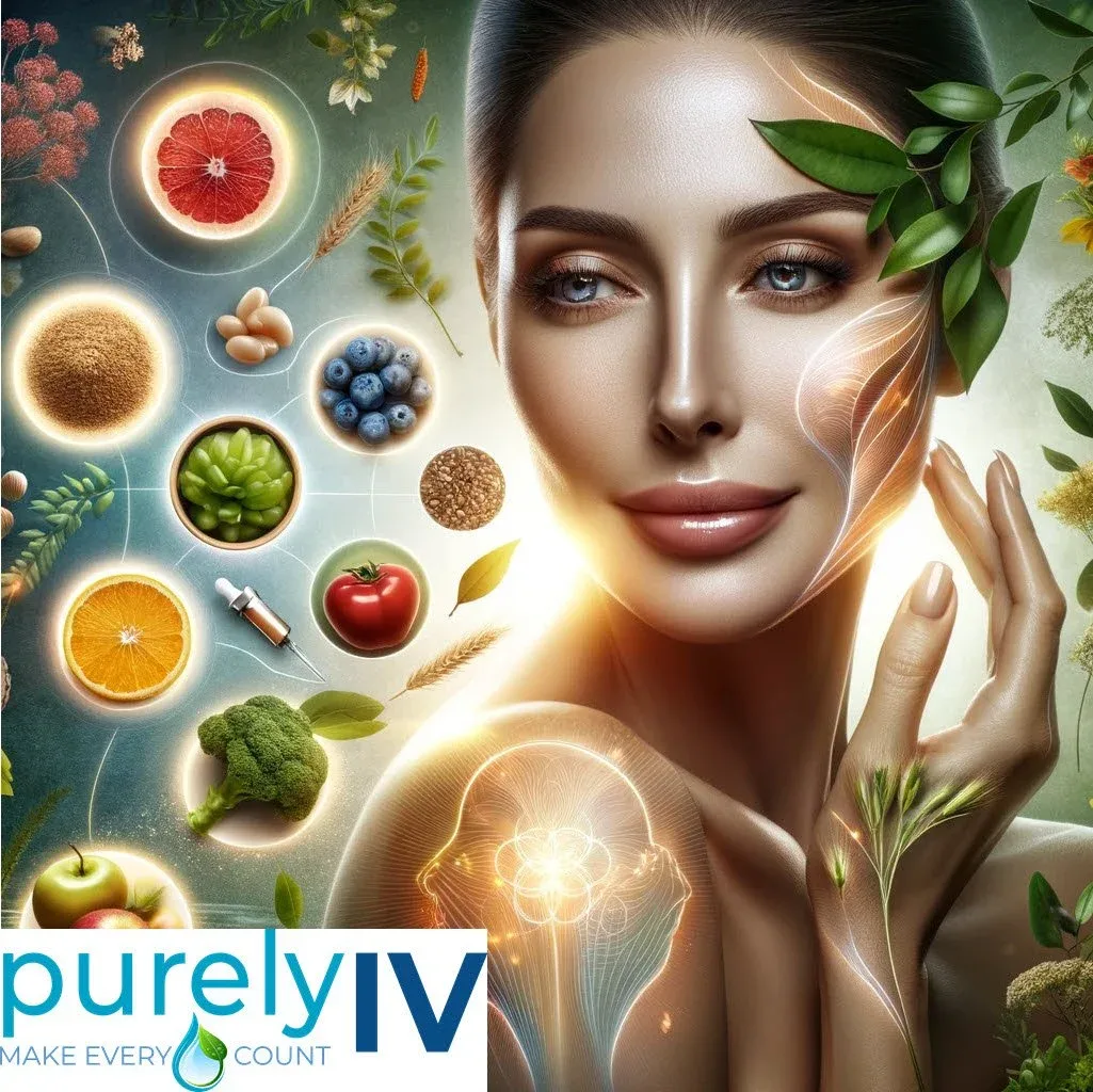 Beauty-focused wellness illustration with fruit, skincare elements, and purelyIV branding