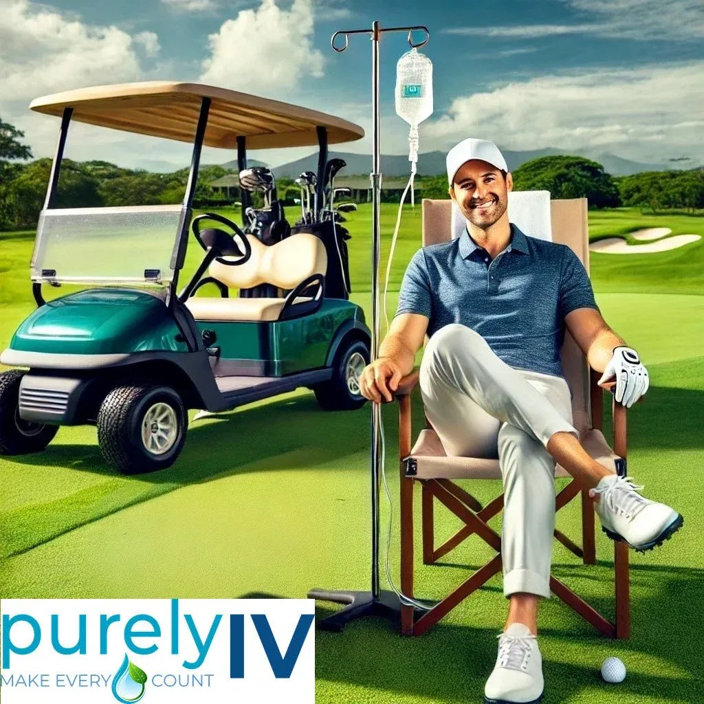 Golfer seated by a golf cart with an IV bag on a golf course