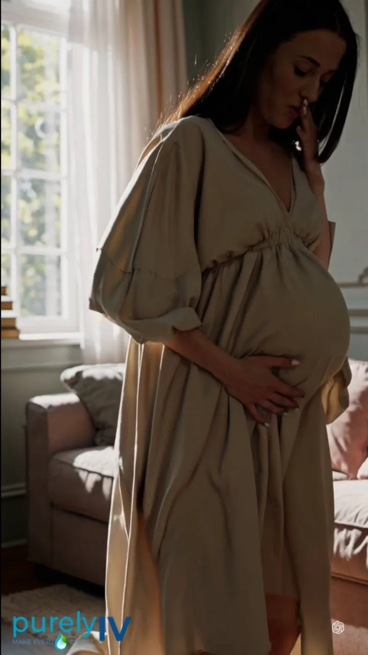Pregnant client standing at home during a nausea flare.