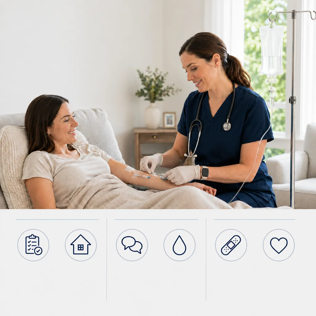 Registered nurse placing an IV for a client during a mobile visit at home.